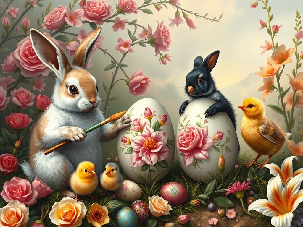 Easter Bunnies and Chicks Painting Eggs in Vintage Style