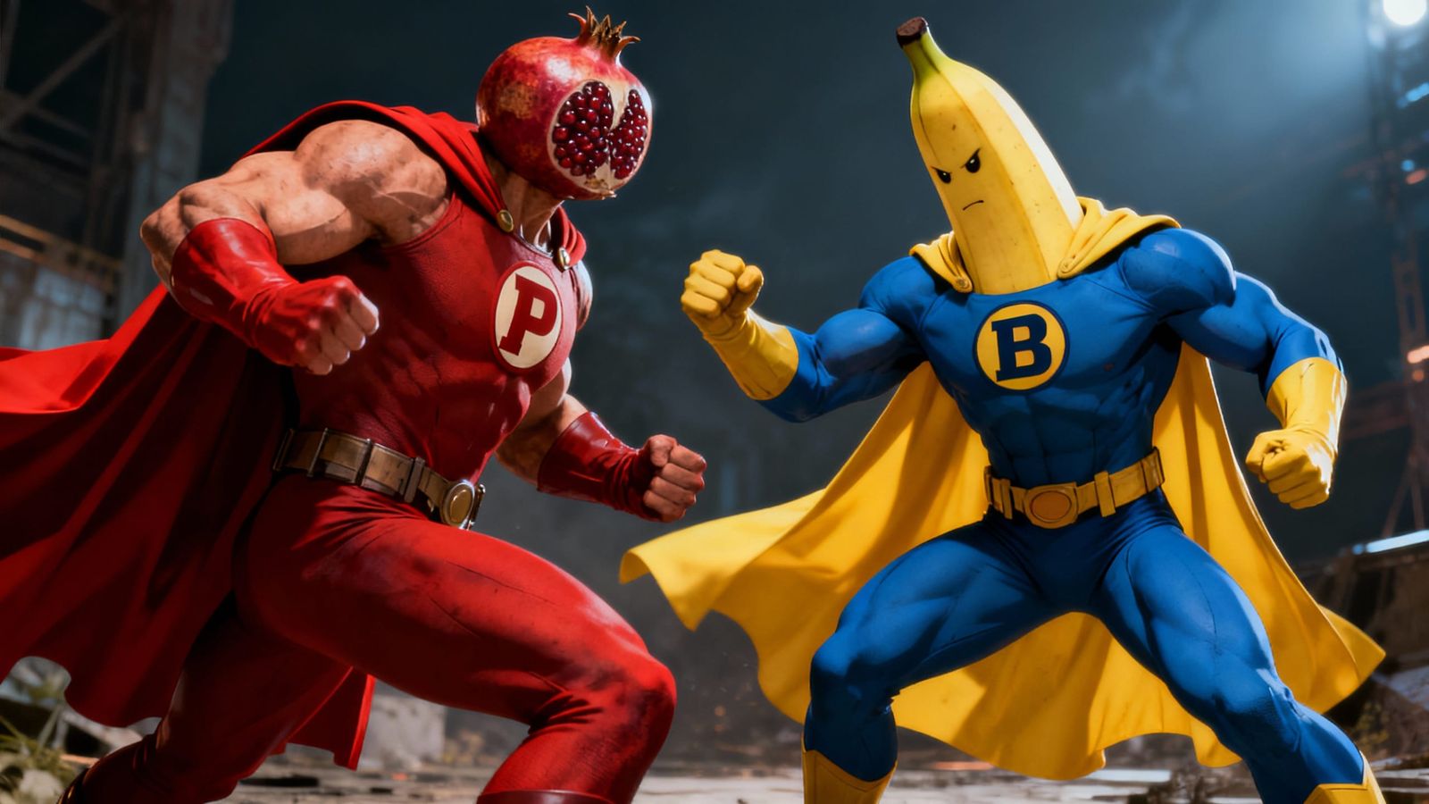Banana Man vs. Pomagranate Man: Realistic 3D Comic Battle
