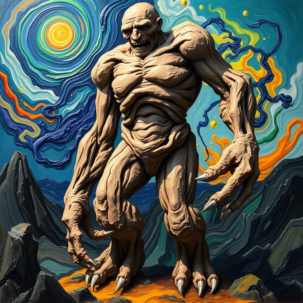Distorted Clay Golem Unleashes Primal Force in Expressionist...