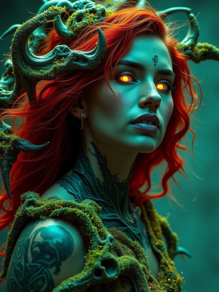 Red-Haired Woman with Glowing Eyes in Dark Fantasy Style