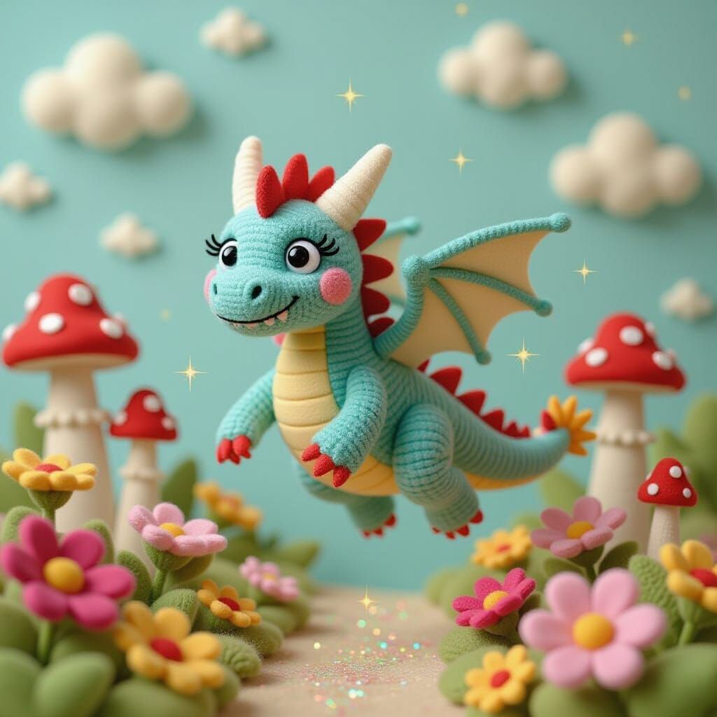 Whimsical Needle-Felted Dragon in Dreamlike Sky