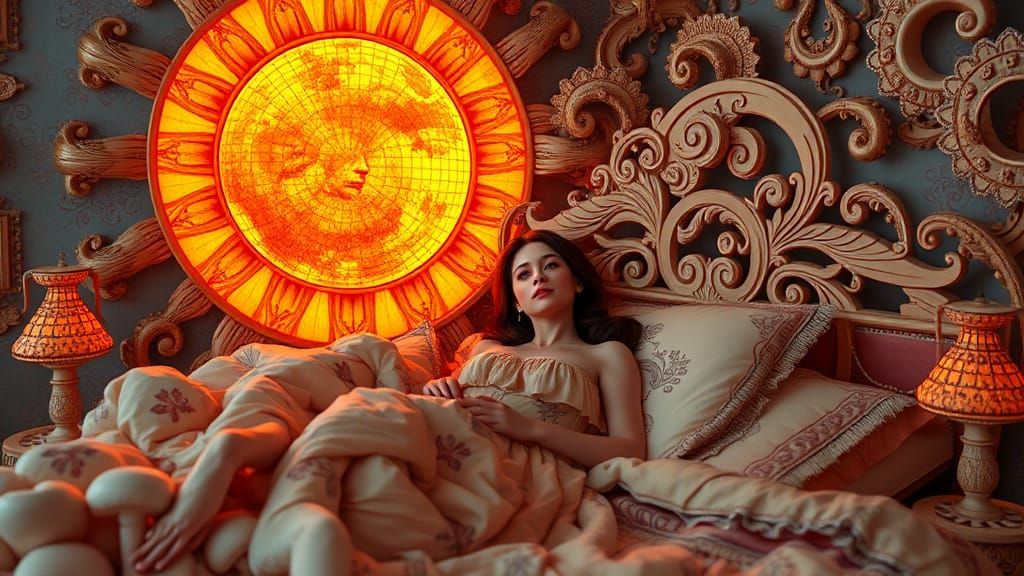 Surreal Sun and Moon Bed with Woman, Ornate Style