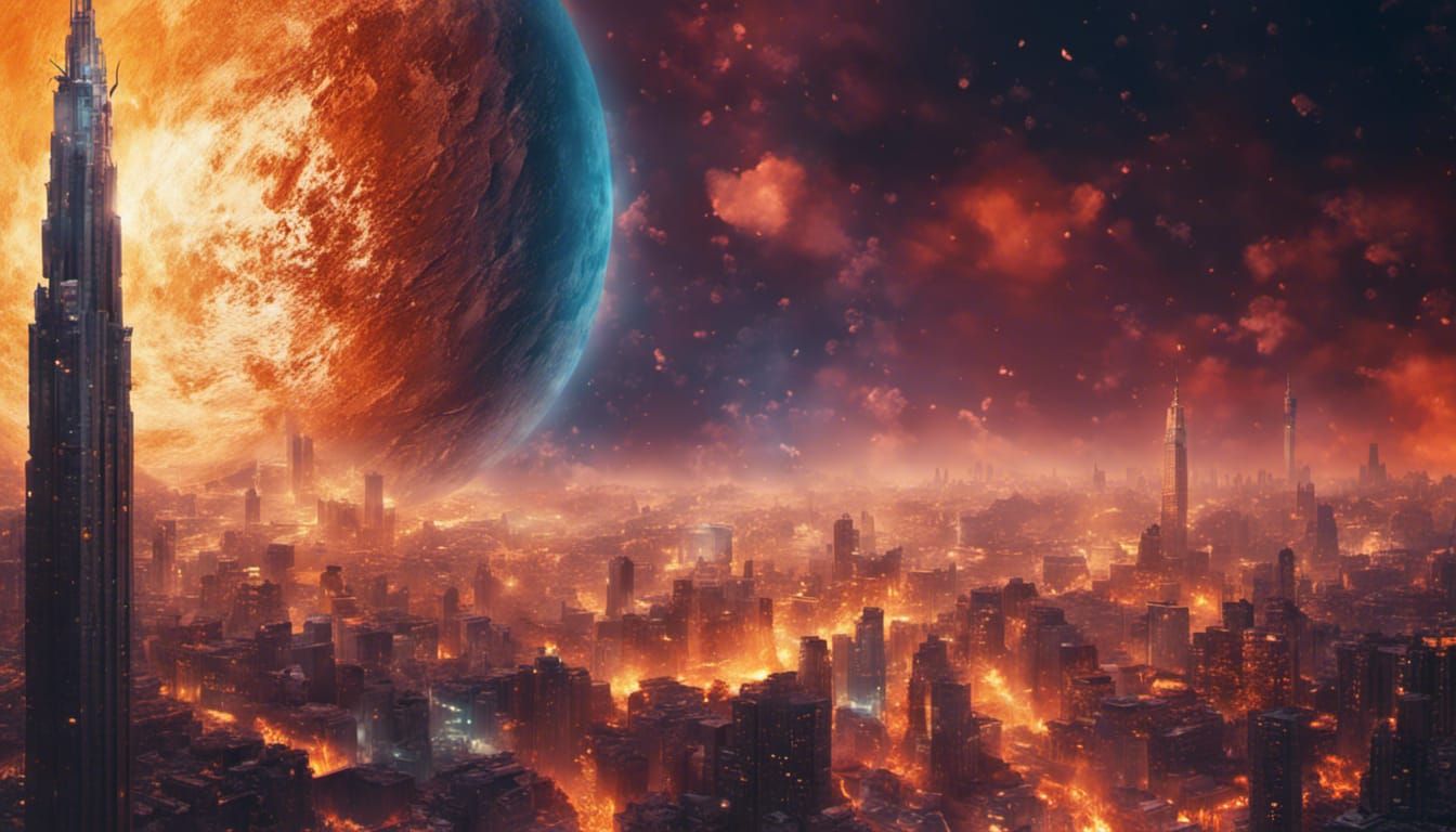 Hyperrealistic Lunar Cityscape with Burning Earth