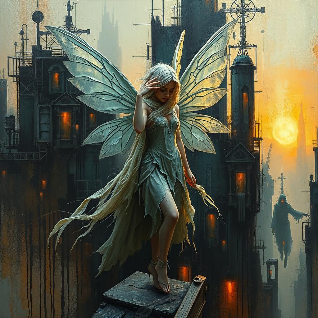 Ghostly Fairy Elf in Dystopian Art Deco City