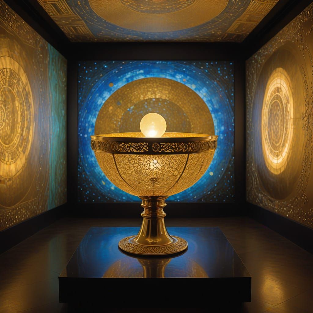 Ethereal Chalice Radiates Golden Light on Ornate Altar