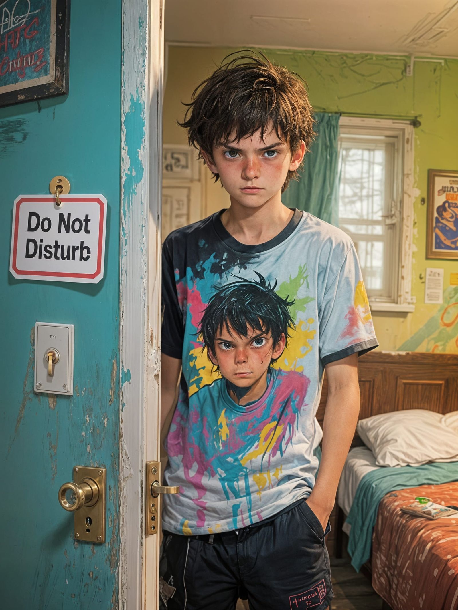 Colorful, Sad, Photorealistic Anime Teen in Banksy Style
