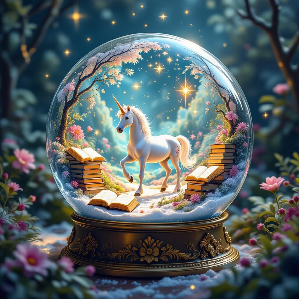 Magical Snow Globe World with Unicorns and Books
