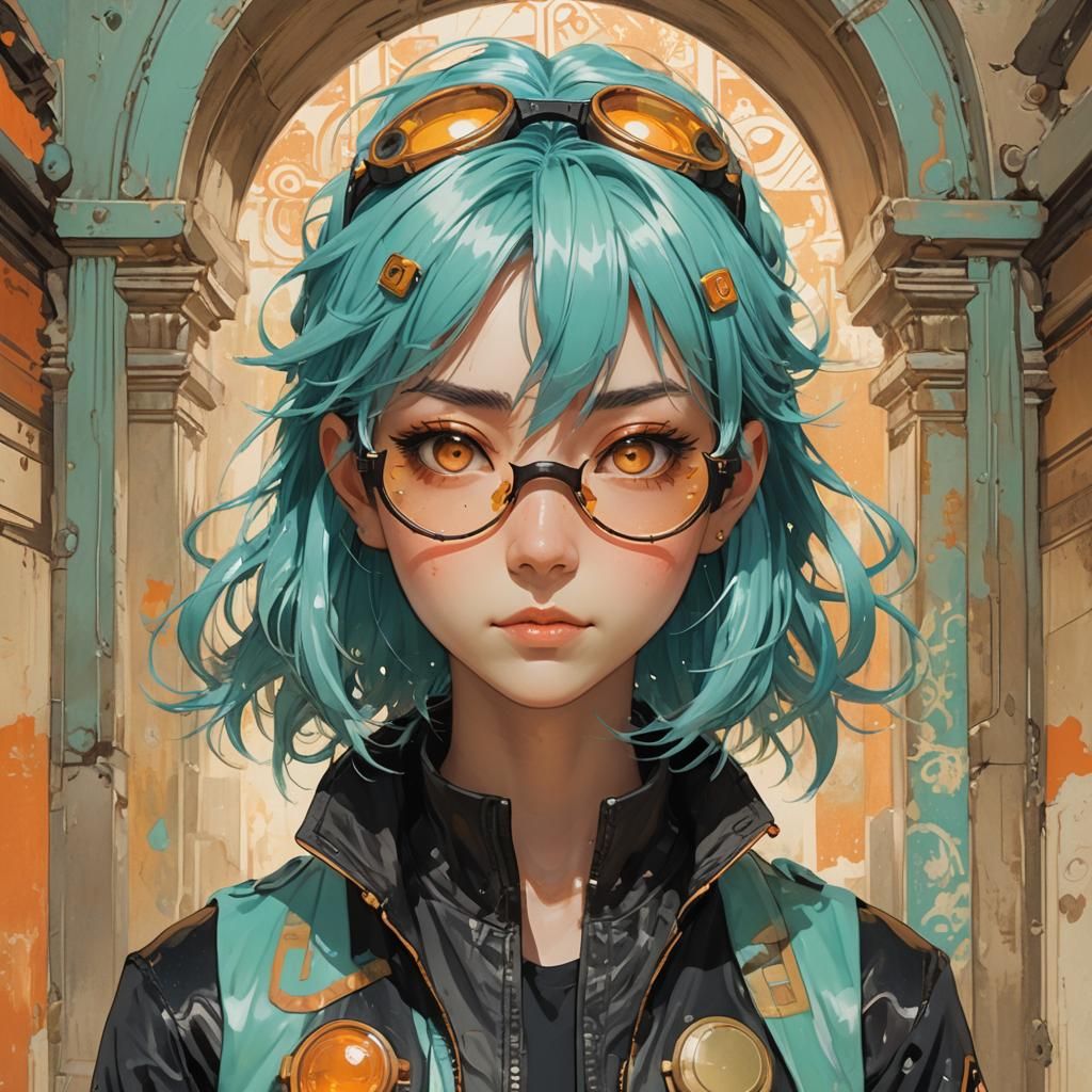 Aqua-Haired Girl Portrait in Ghibli Anime Style