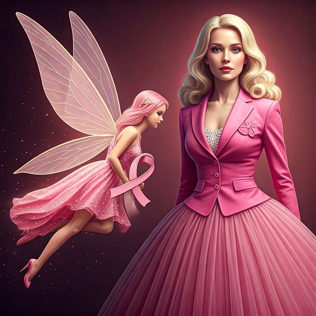 Pink Fairy with Breast Cancer Ribbon, Hyperrealistic Art