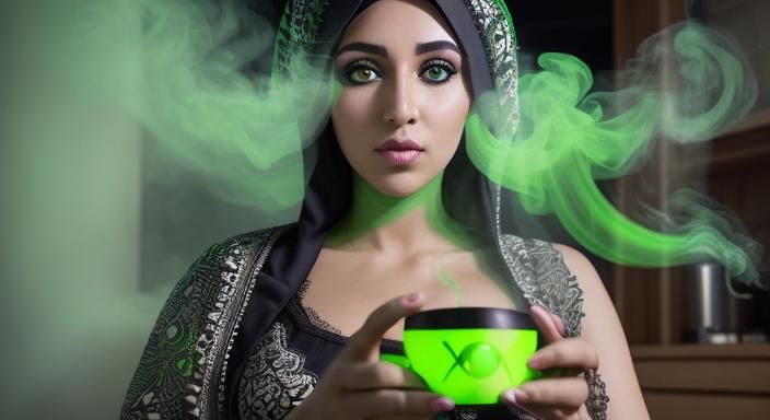 Moroccan Widow with Coffee and Neon Smoke