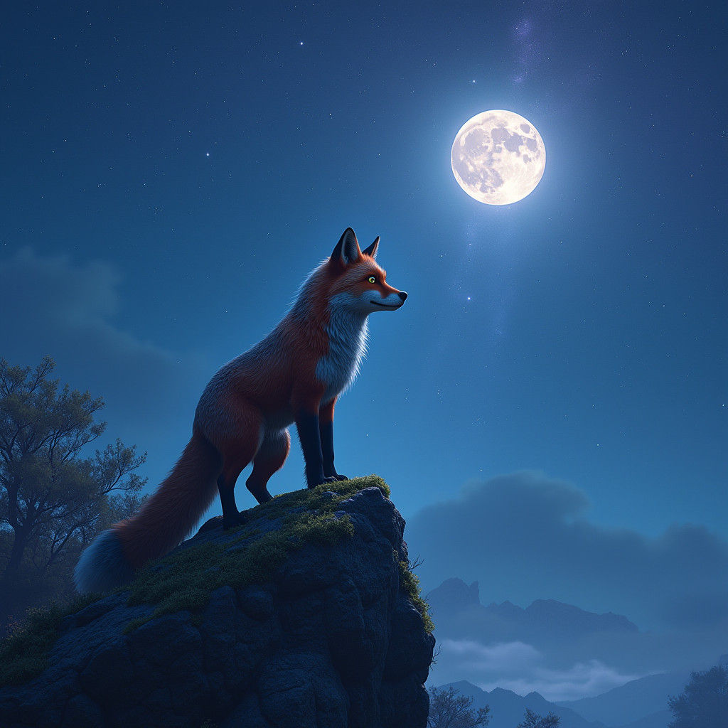 Fox Under Starry Night Sky in Matte Painting Style