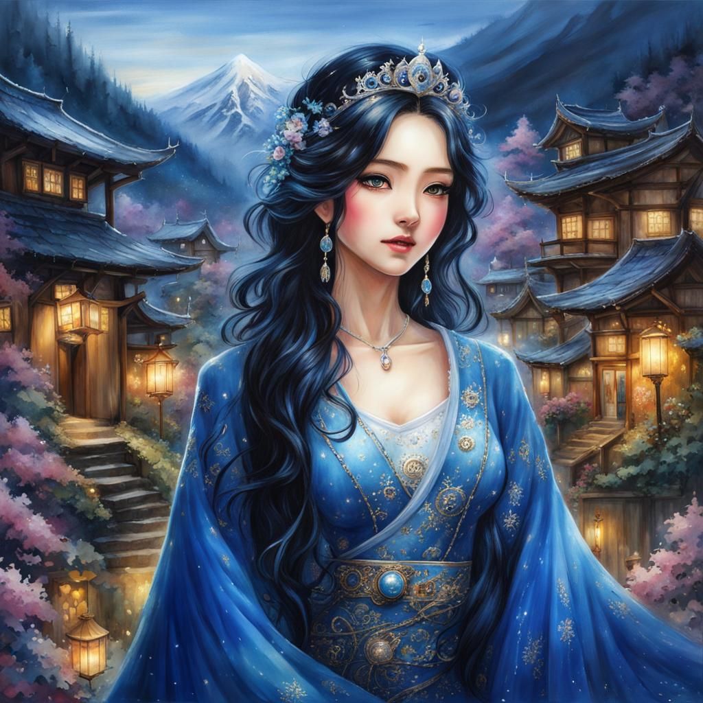Gothic Japanese Princess in Fairytale Landscape