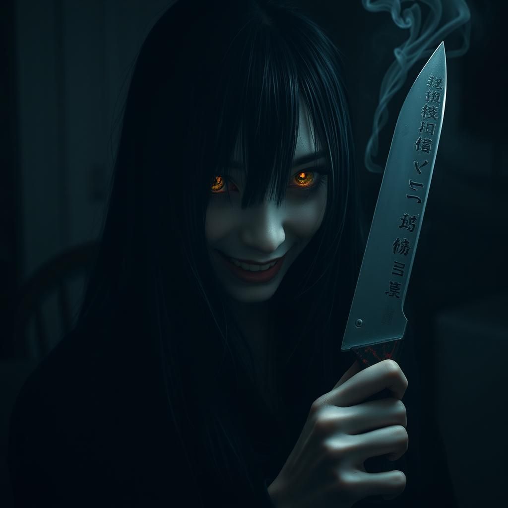 Terrifying Ghost Woman with Knife in Dark Bedroom