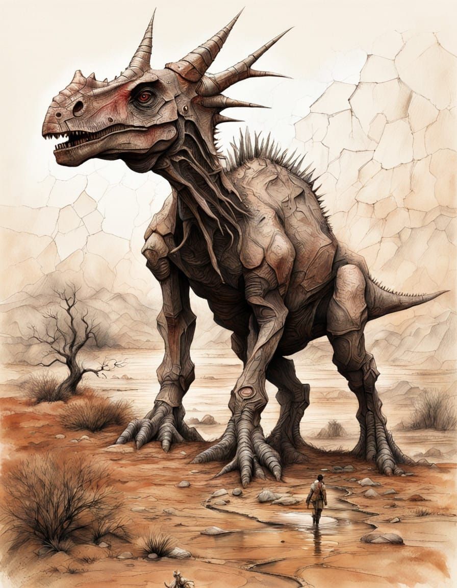 Red Brown Clay Triceratops in Drought River Bed Habitat