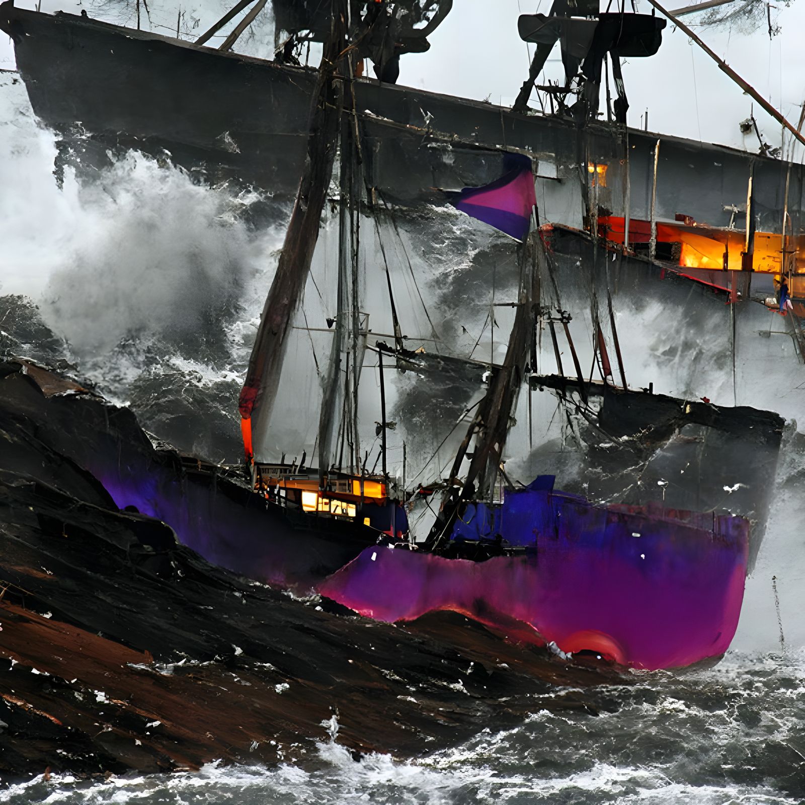 Stormy Night: Damaged Ship in Vivid Colors