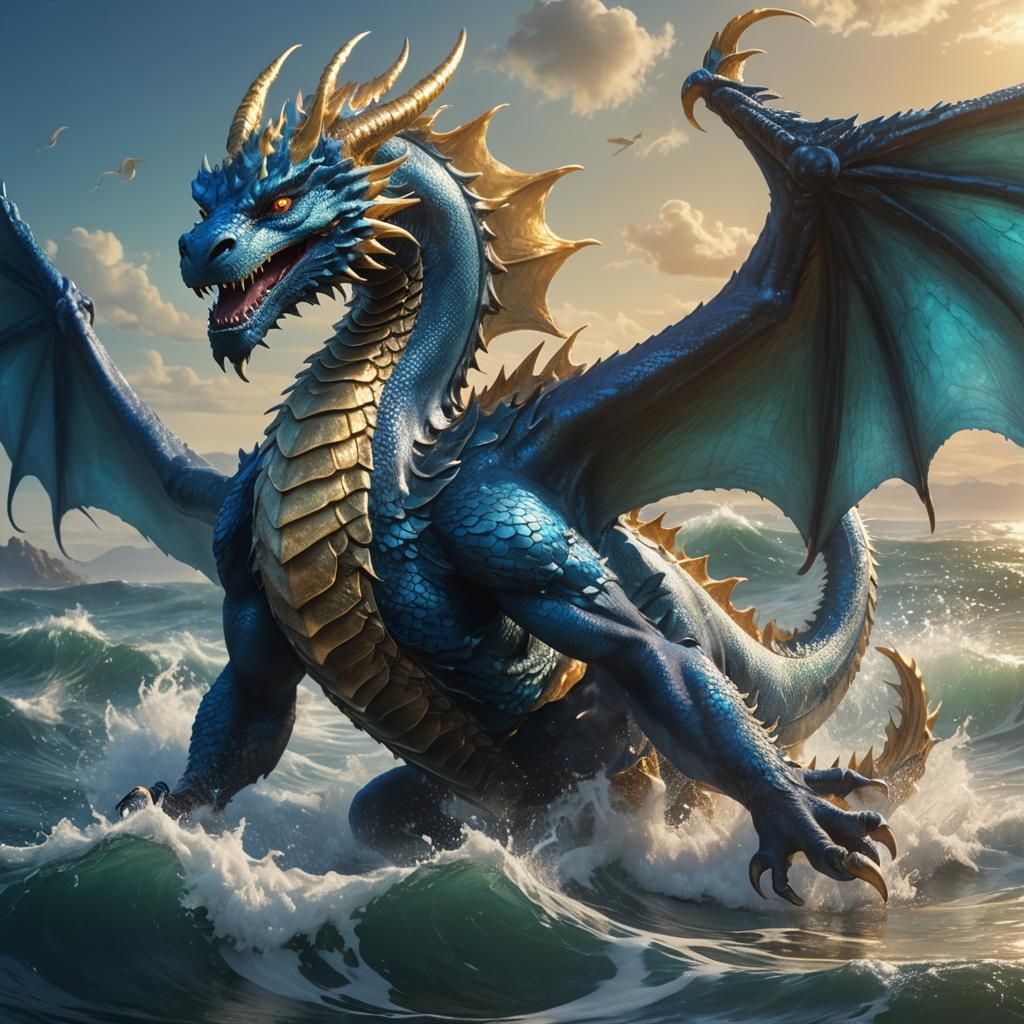 Blue Dragon Emerges from Sea: Fantasy Concept Art