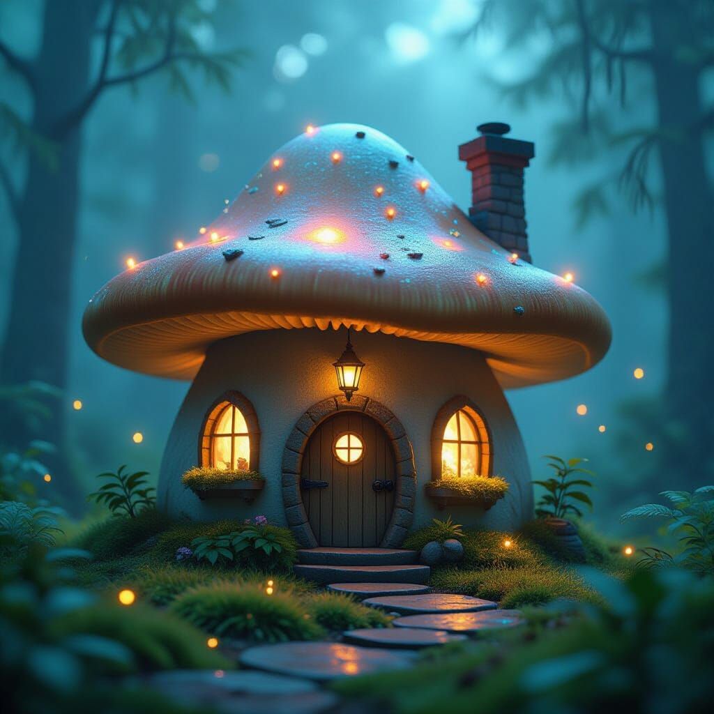 Enchanted Mushroom Cottage in Bioluminescent Forest