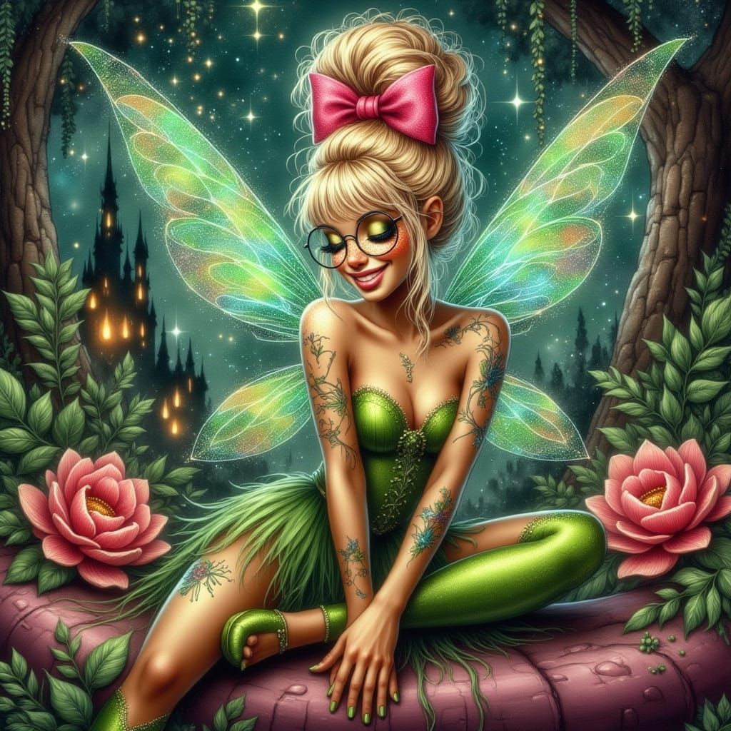 Tinkerbell with Tattoos and Updo in Hyperrealistic Style