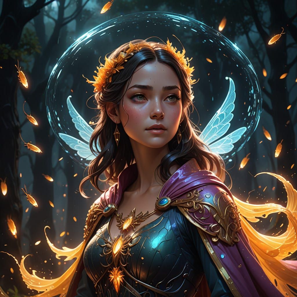 Mystical Firefly Goddess Amidst Radiant Vortex