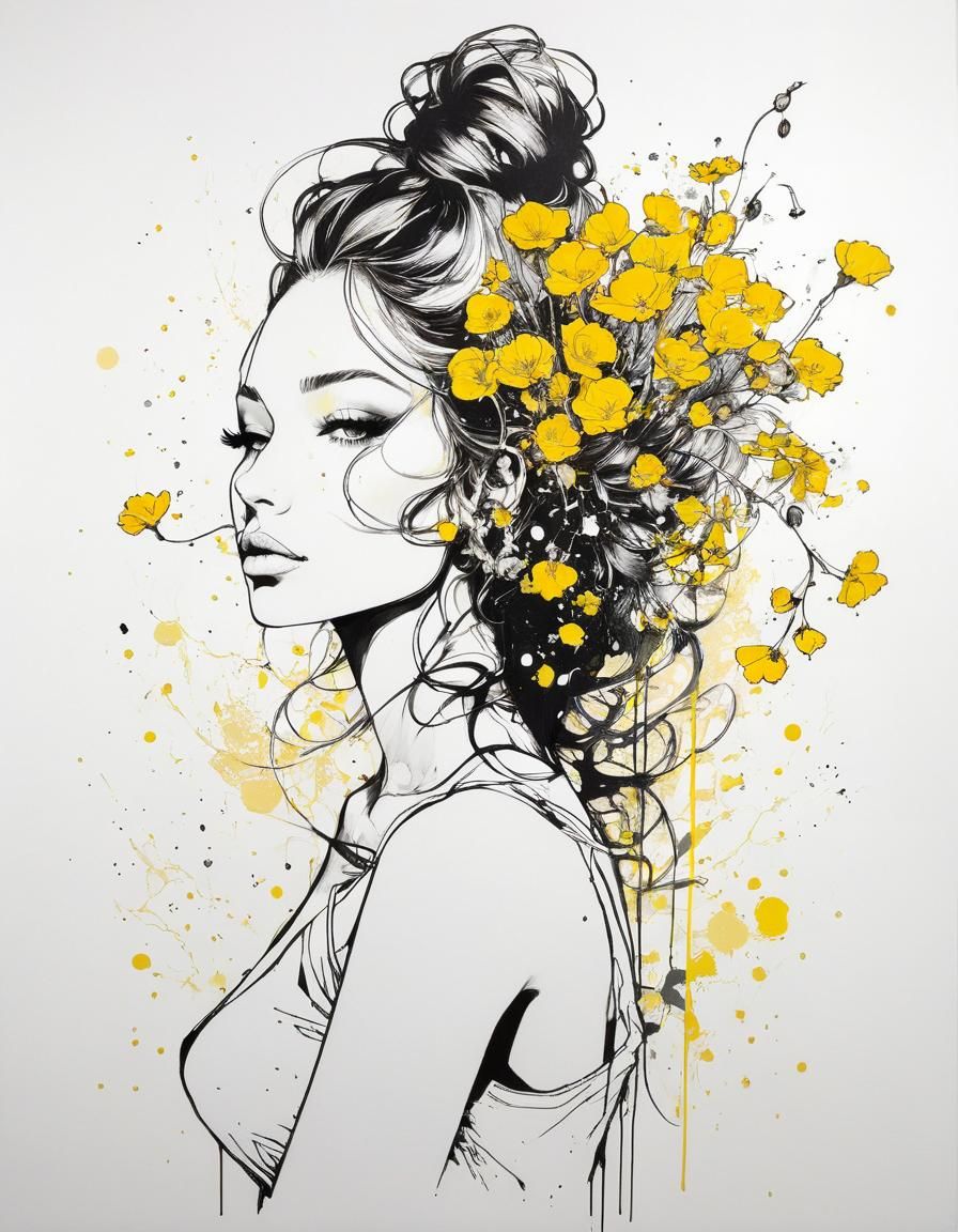 Monochrome Ink Portrait with Yellow Floral Accents