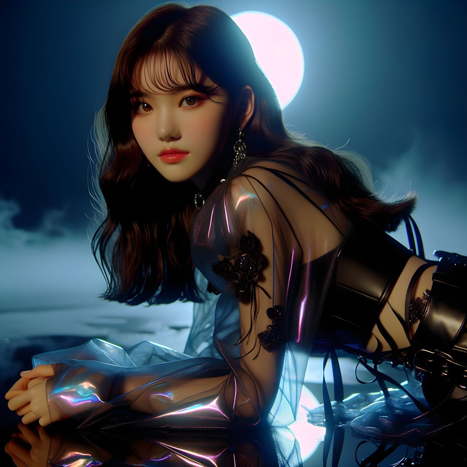 K-Pop Star in Dark Cyber-Fantasy Photoshoot, Futuristic Fash...