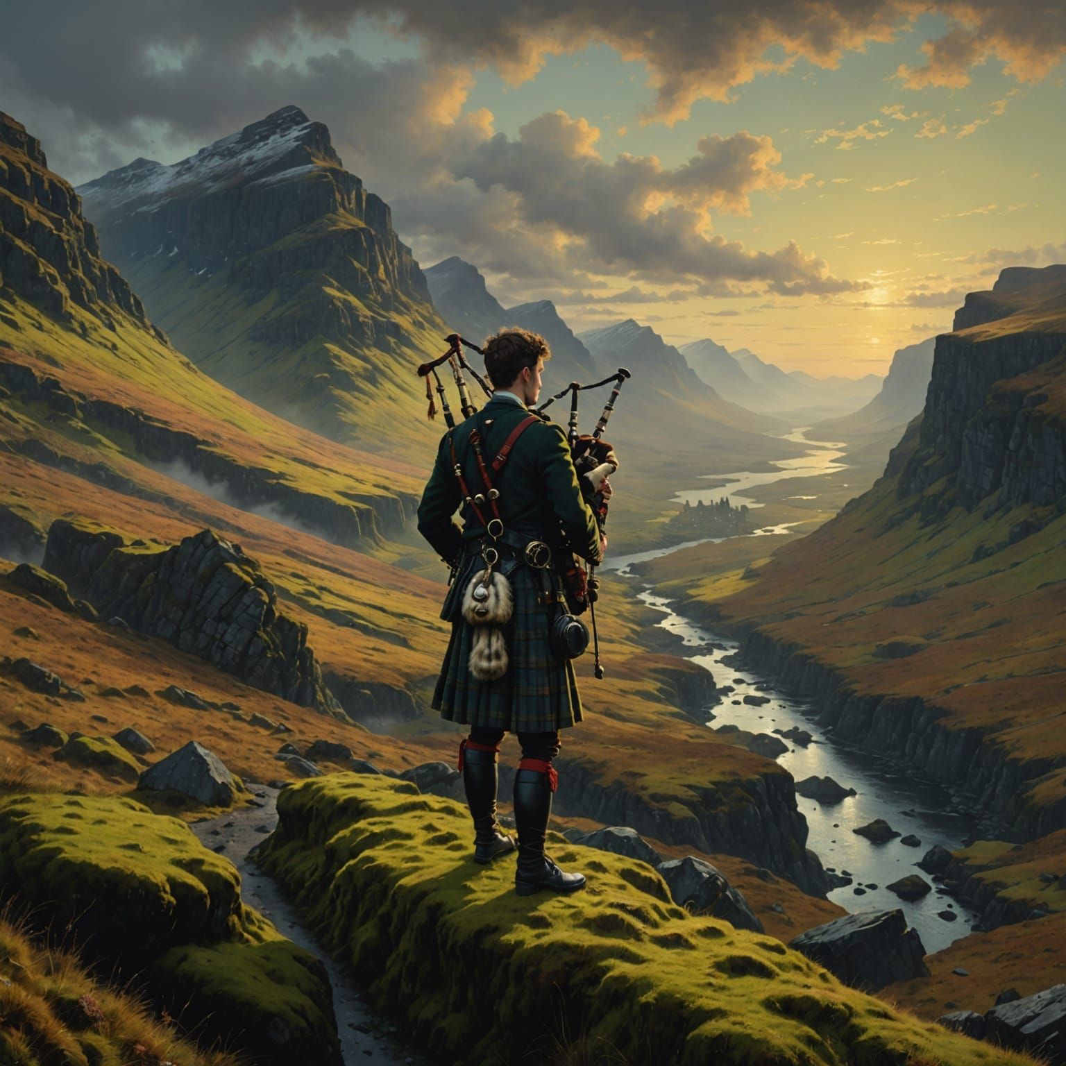 Scottish Bagpiper Plays at Dawn on Mossy Cliff