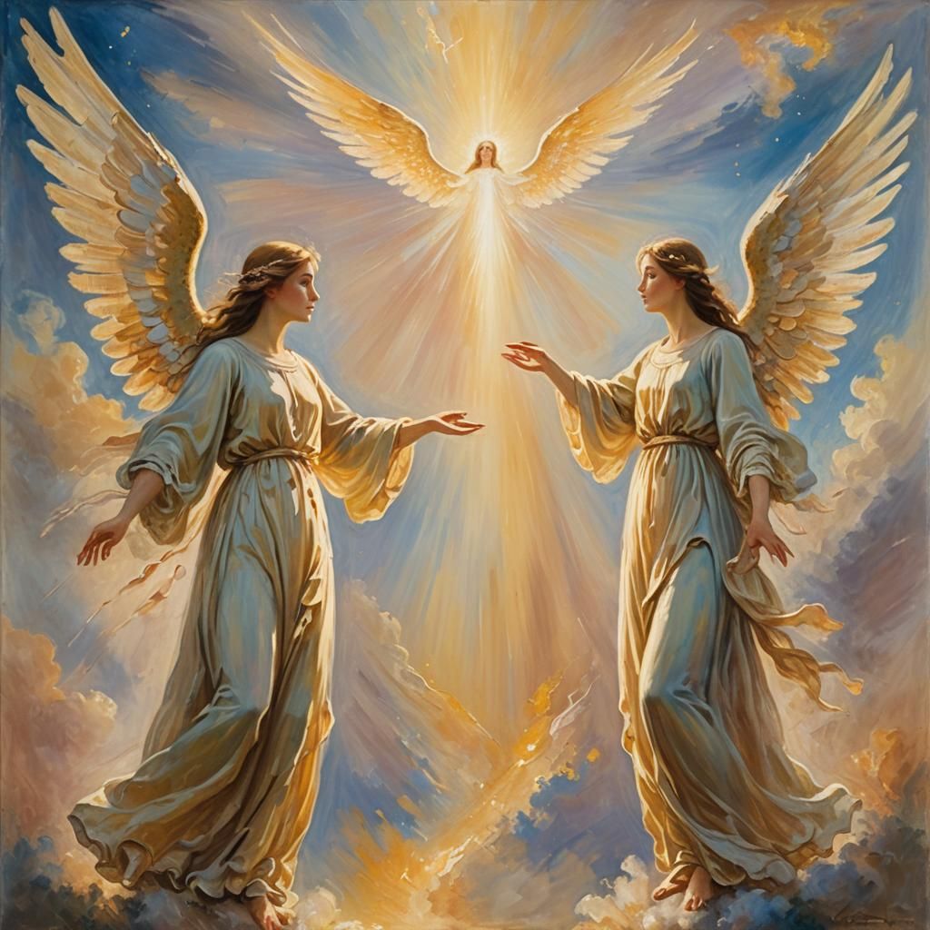 Celestial Oil Painting of Angels in Golden Light