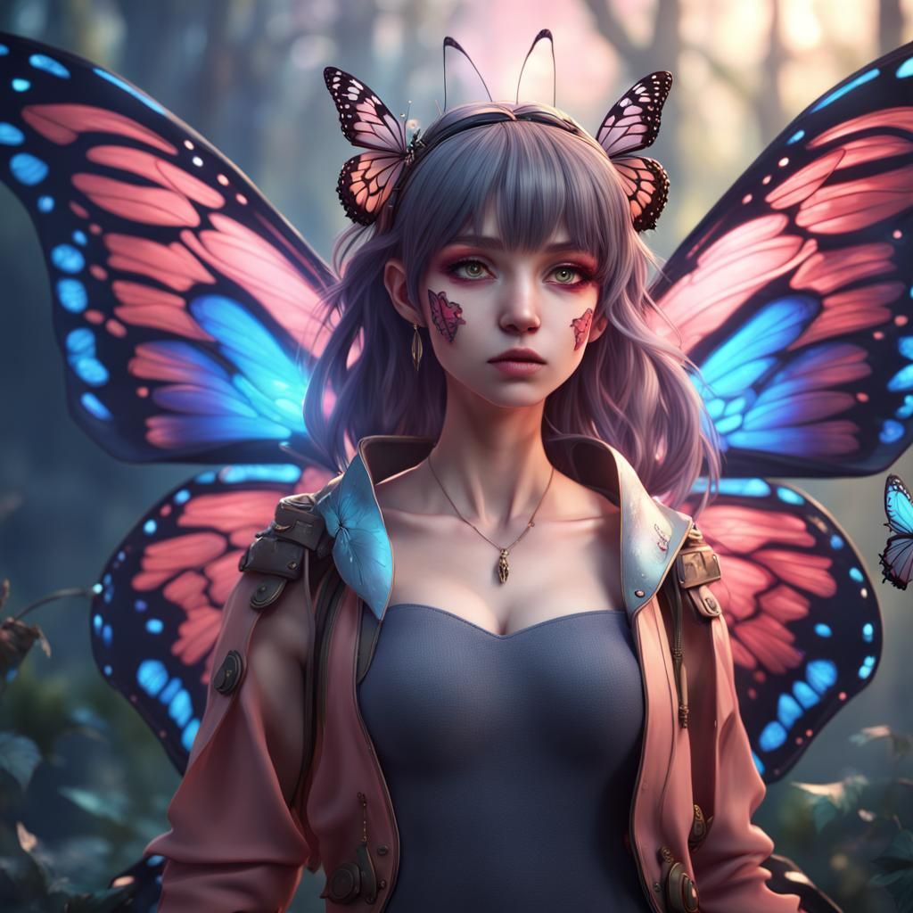 Anime Girl with Butterfly Wings: Detailed Digital Art