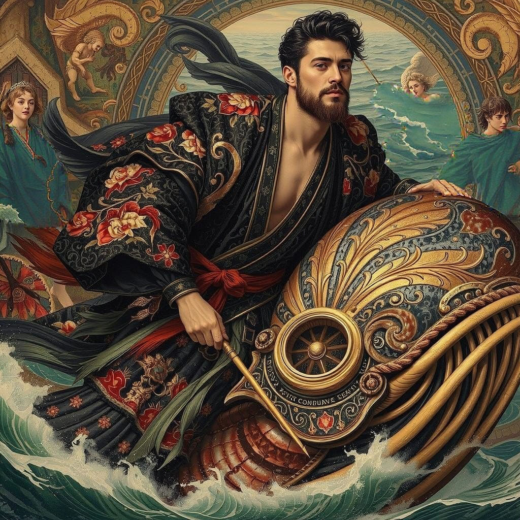 Surreal Samurai Nautilus Rider in a Pre-Raphaelite Landscape