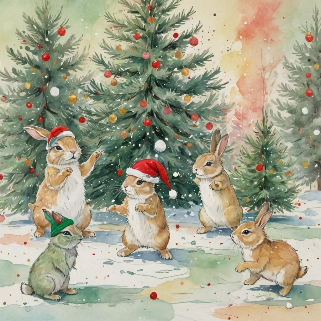 Joyful Winter Rabbits in Festive Hues