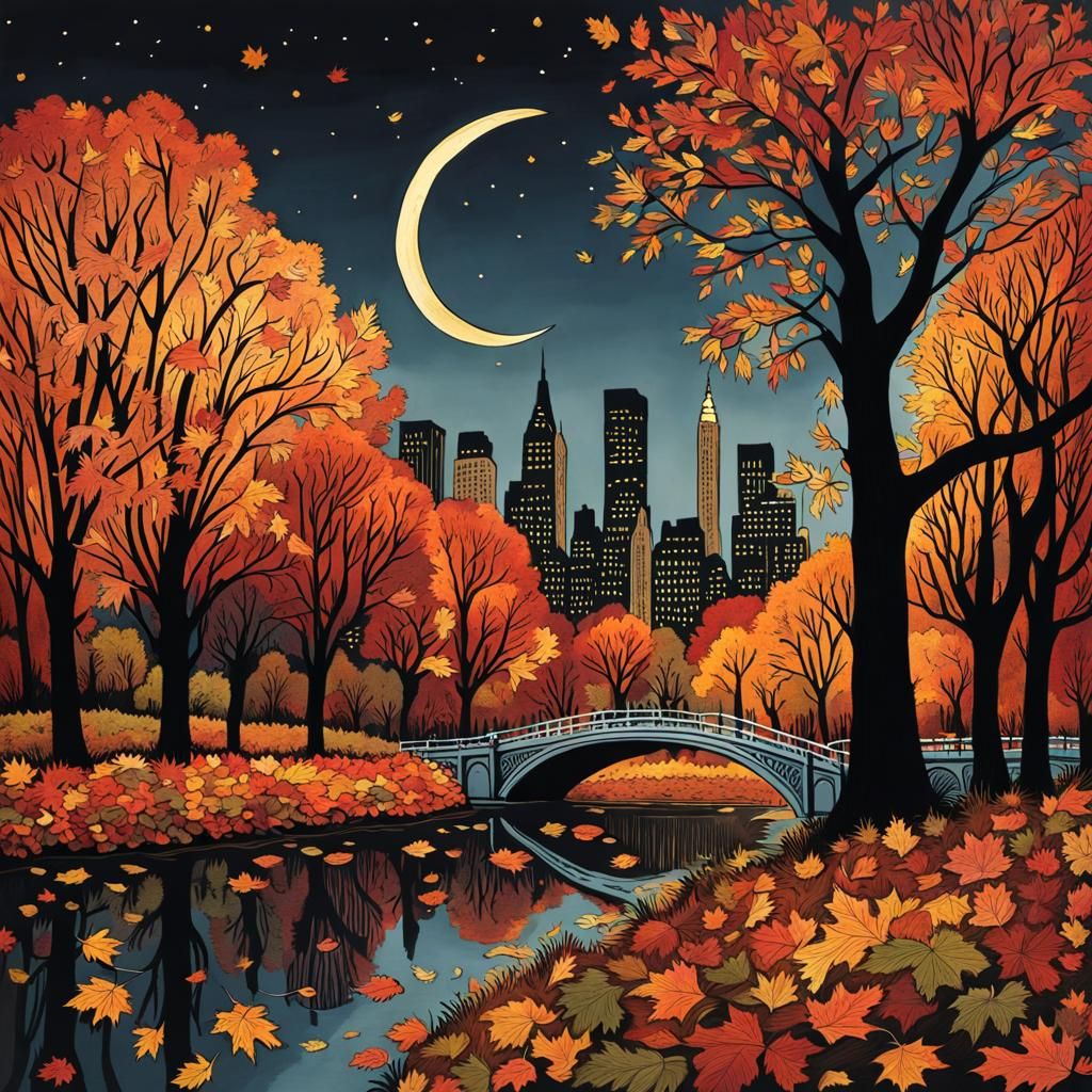 Central Park Autumn Night Graphic Novel Scene