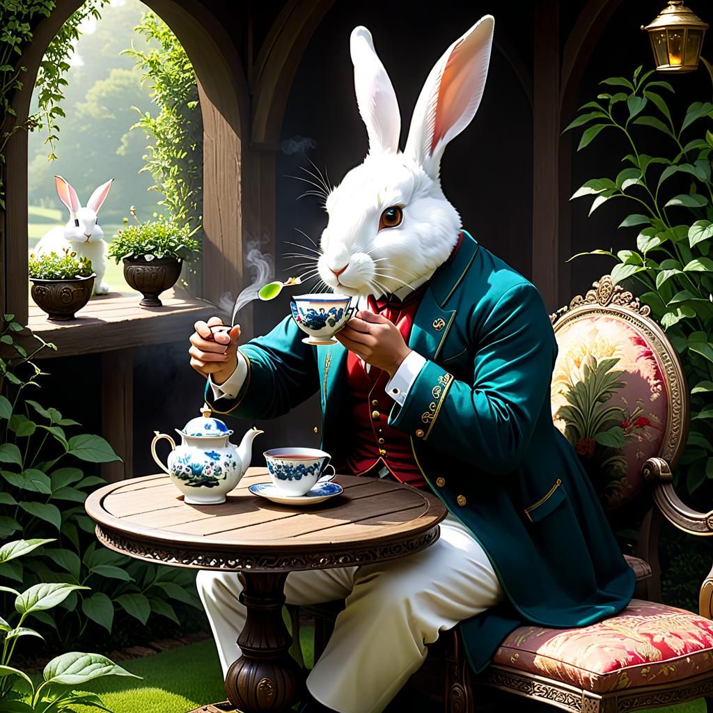 Rabbit Man Drinking Tea Peacefully