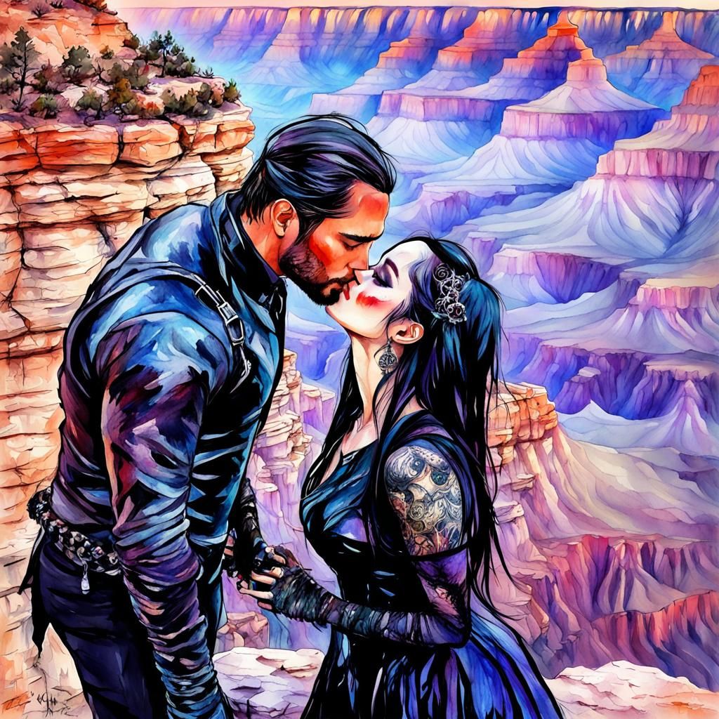 Goth Couple Kissing at Grand Canyon: Watercolor Art