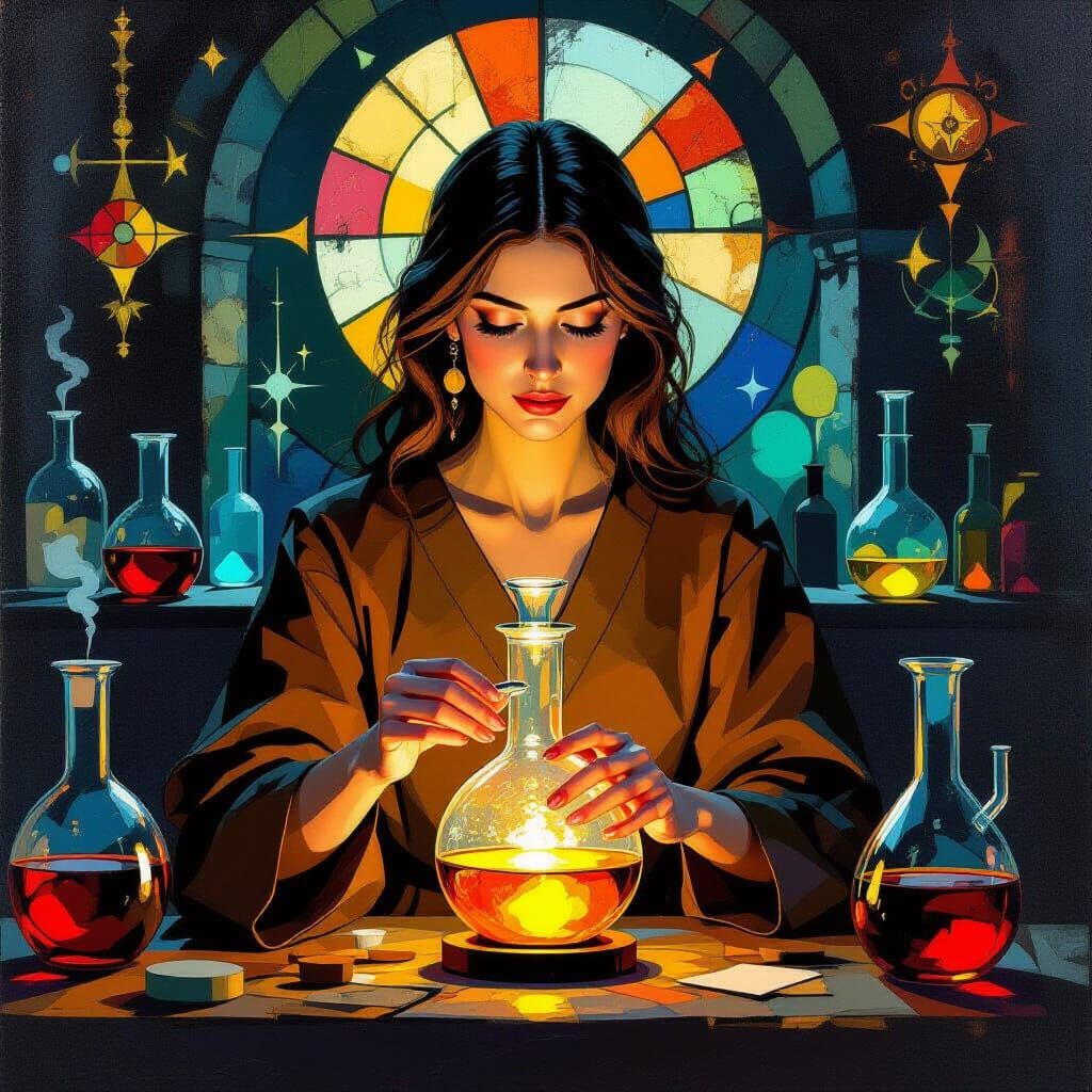 Alchemist in 1378 Lab, Vibrant Abstract Style