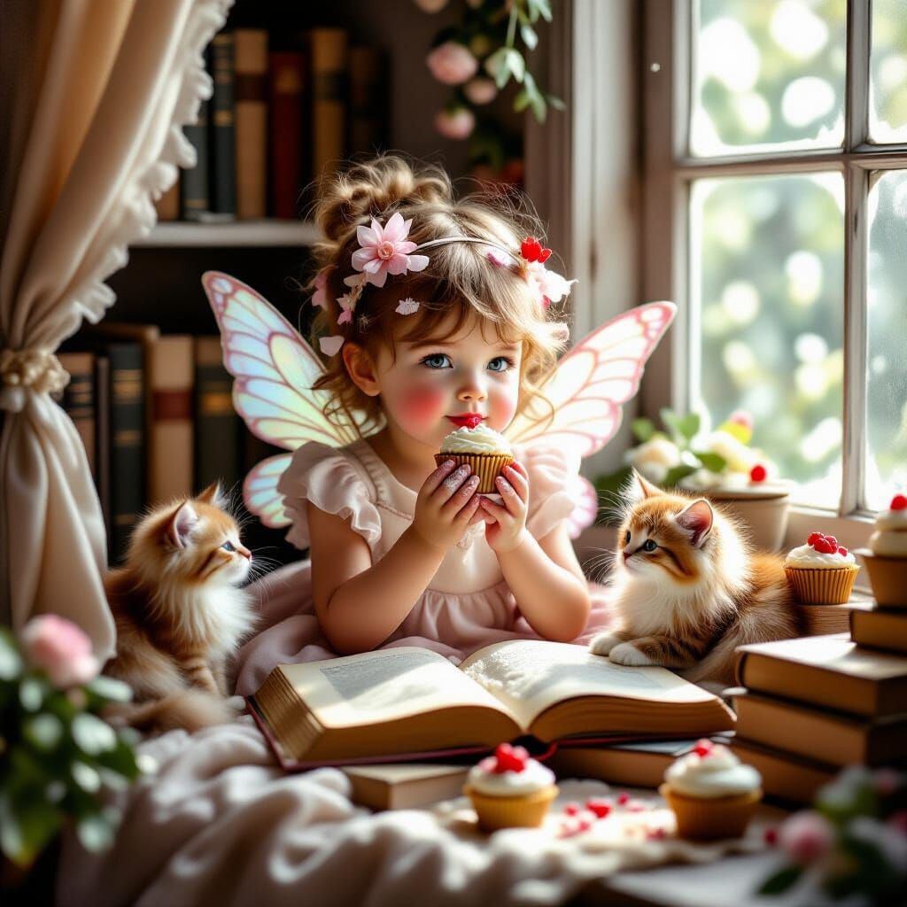 Enchanted Girl Reading with Kitten and Cupcakes