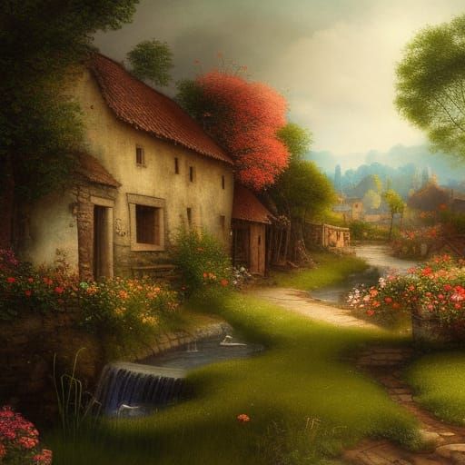 Photorealistic Village Painting in Leonardo/Rembrandt Style