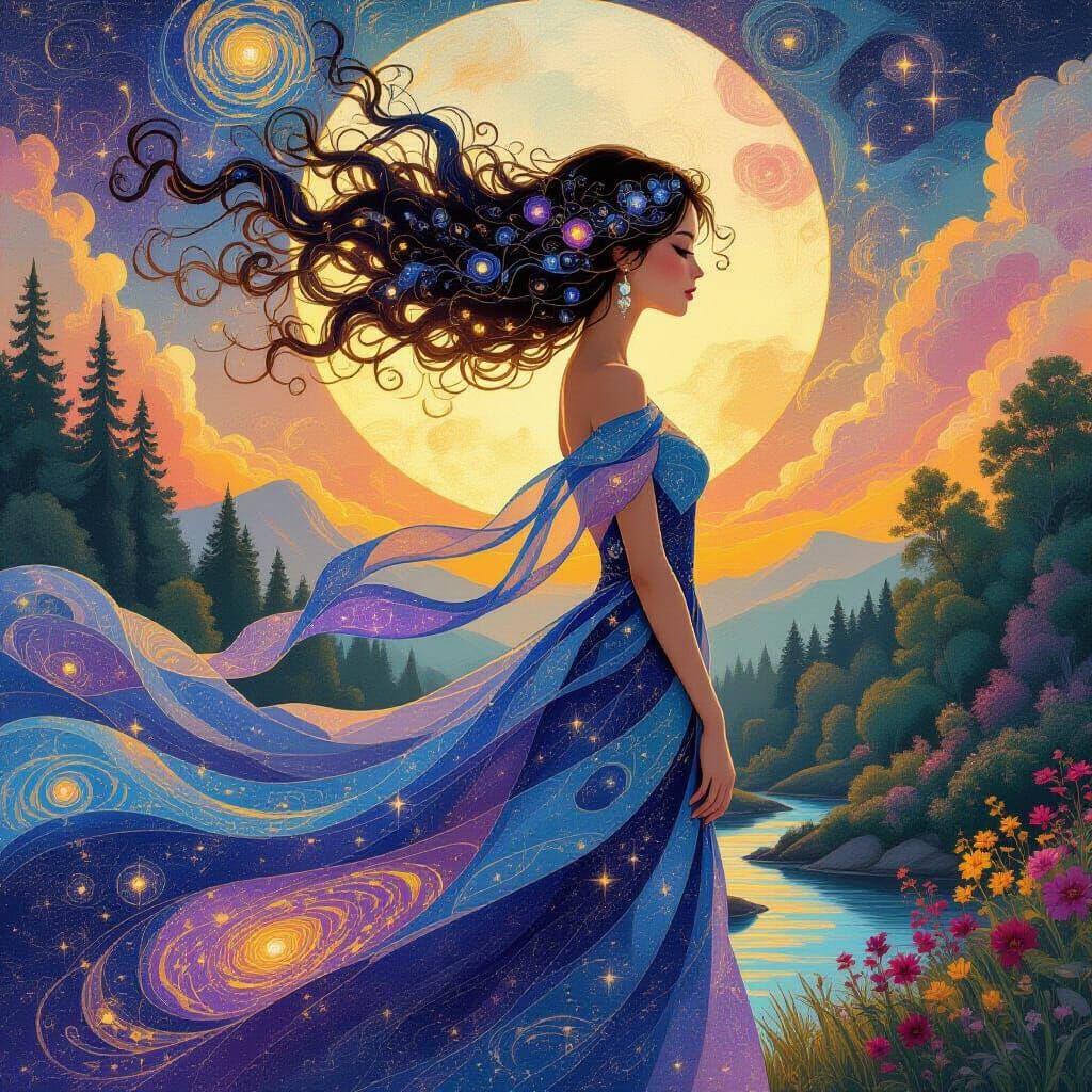 Celestial Woman Silhouette with Flowing Galaxies