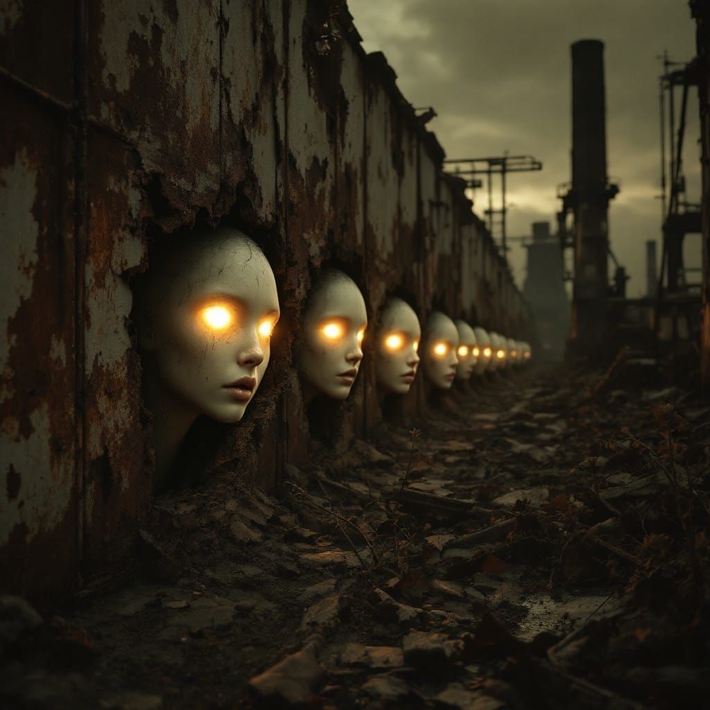 Ethereal Faces Emerge from Rusted Wall, in Surreal Style