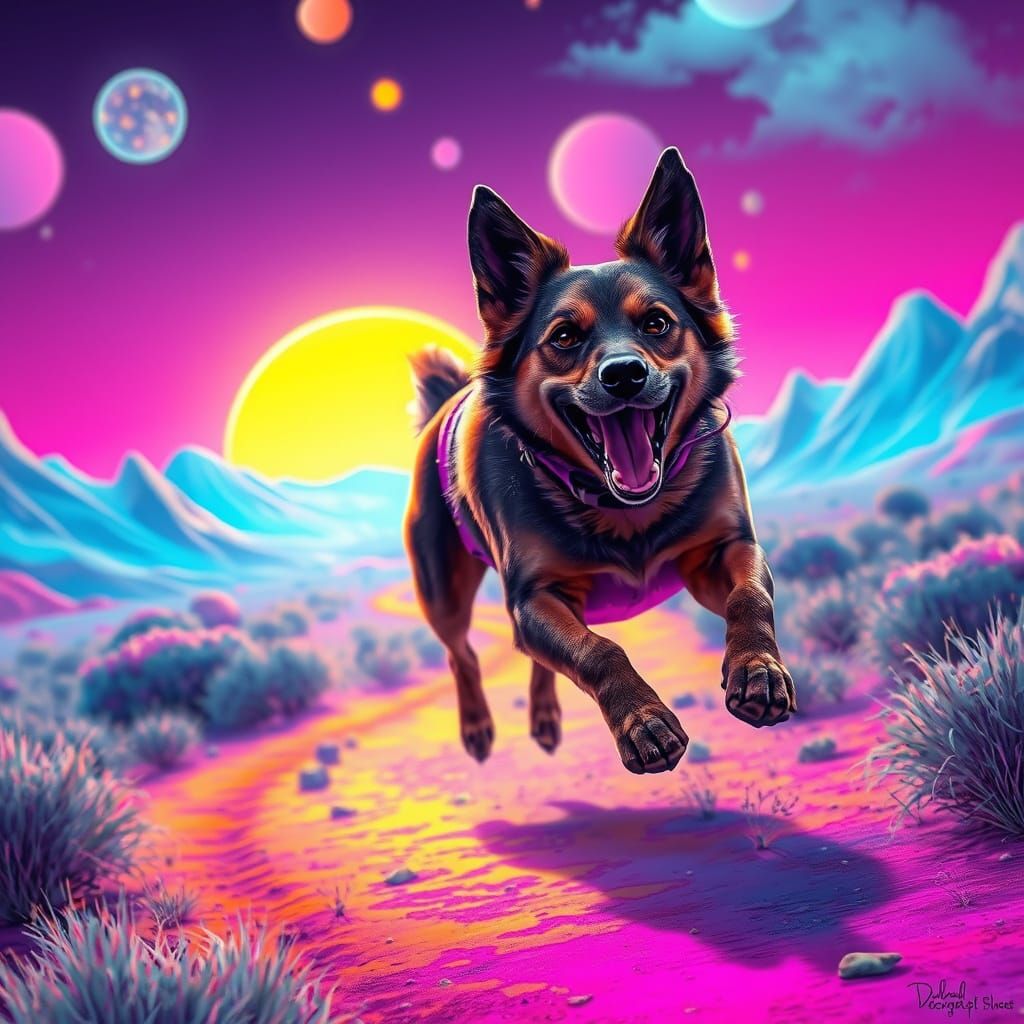 Dog in Vibrant Futuristic Landscape as Digital Art