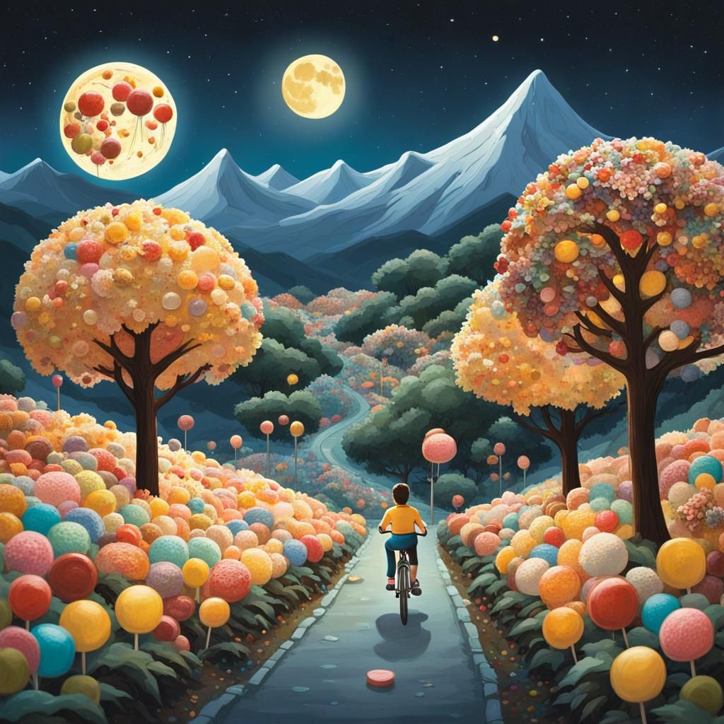 Children Cycle Through Candyland in Expressionist Painting