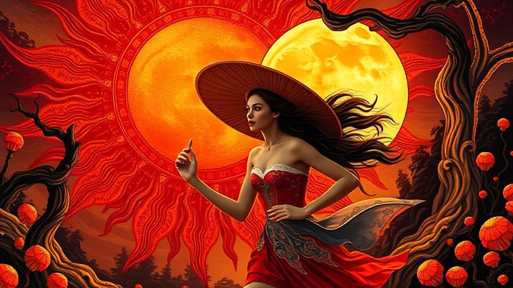 Woman Running of Sun and Moon in Ornate Style