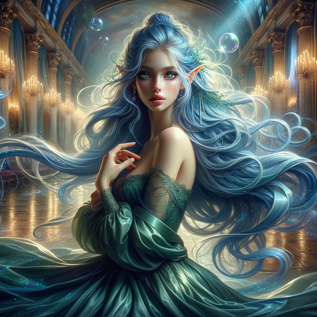 Sea Elf Maiden in Grand Ballroom, Oil Realism Painting
