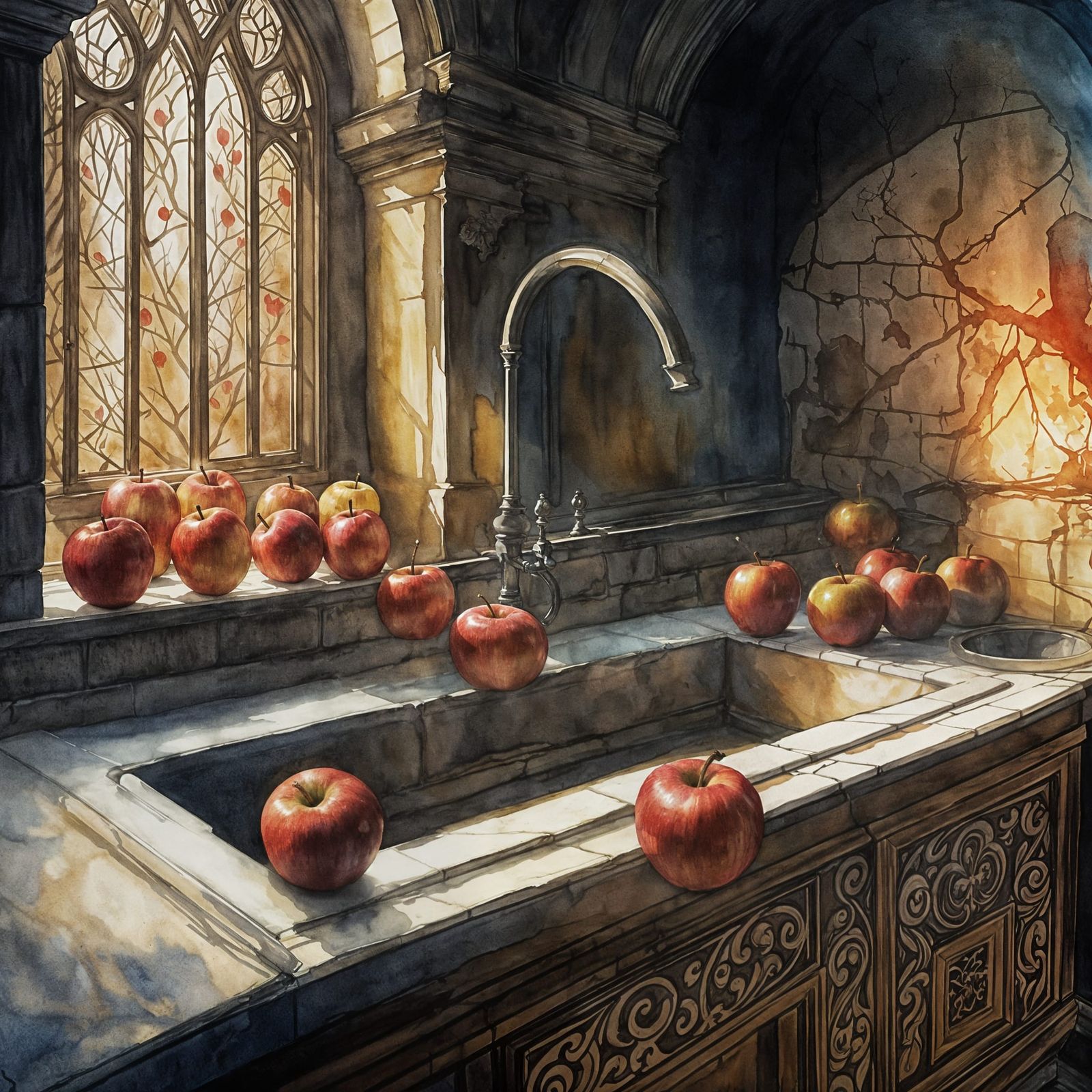 Medieval Castle Room with Red Apples as Watercolor