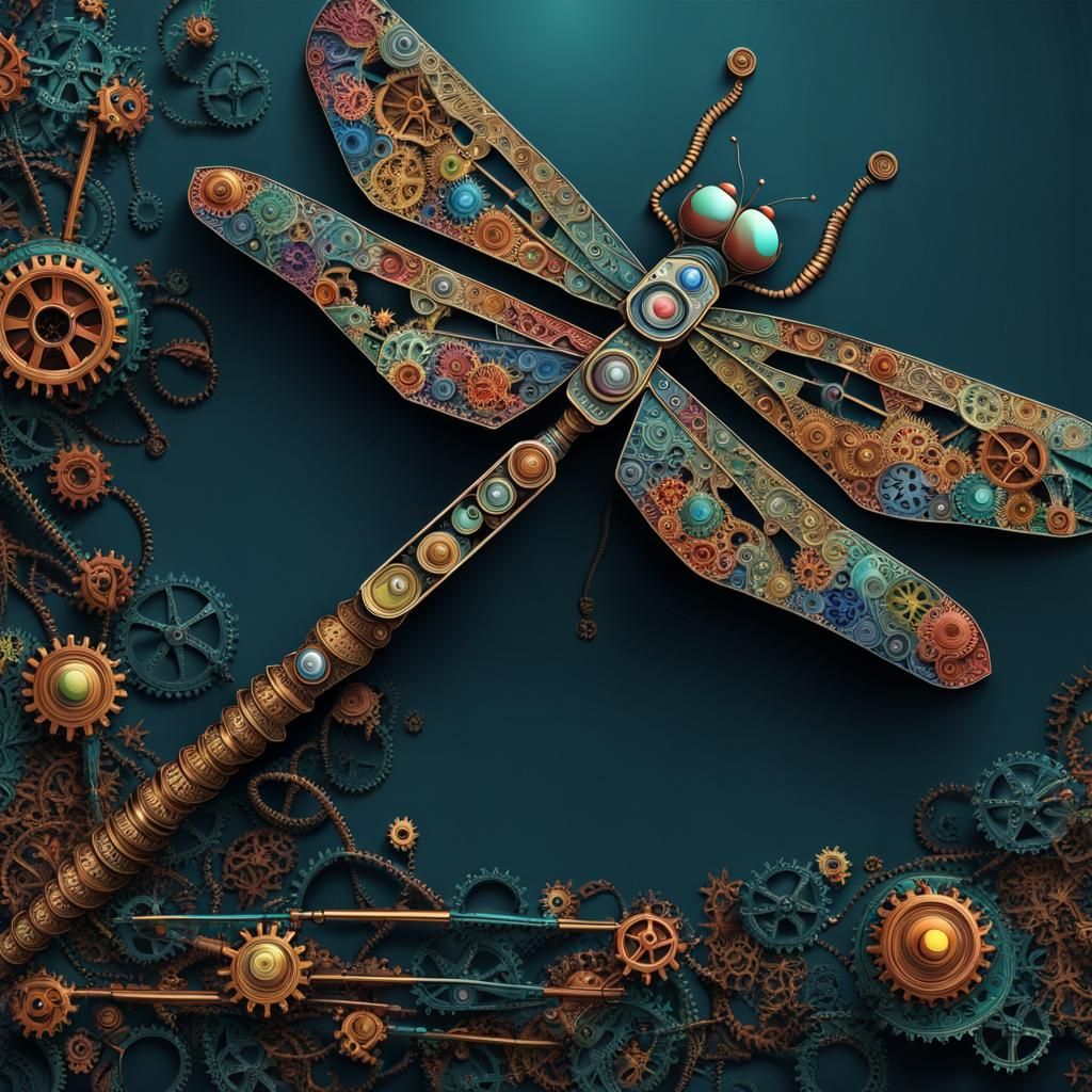 Mechanical Dragonfly Sculpture with Abstract Fractal Design