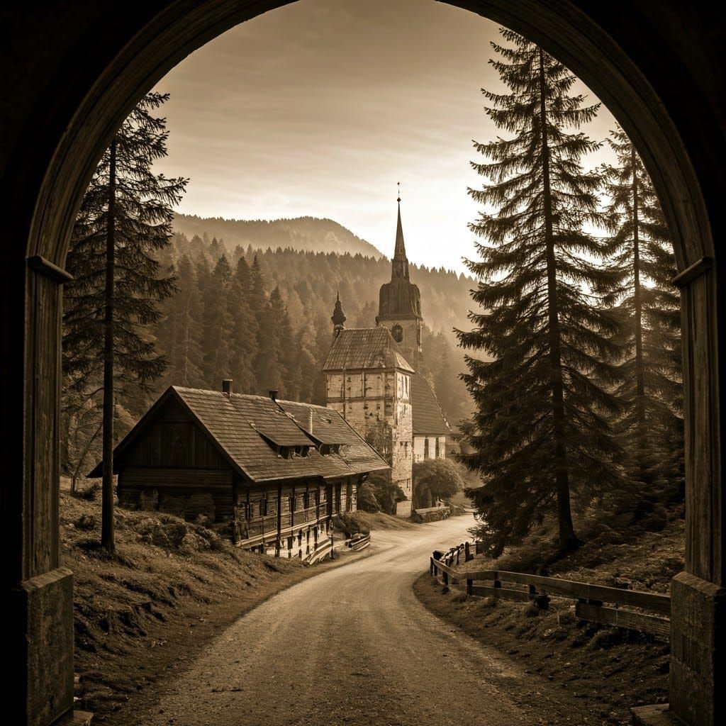 Sunrise in a Dark Fantasy Vampire Castle, Medieval Bavarian....