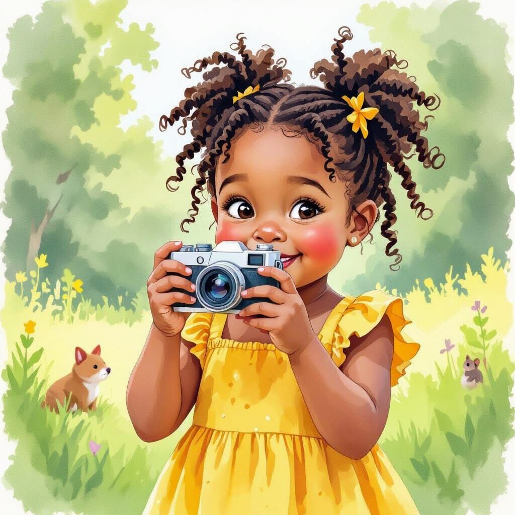 Happy Girl Taking Photos in Park, Watercolor Style