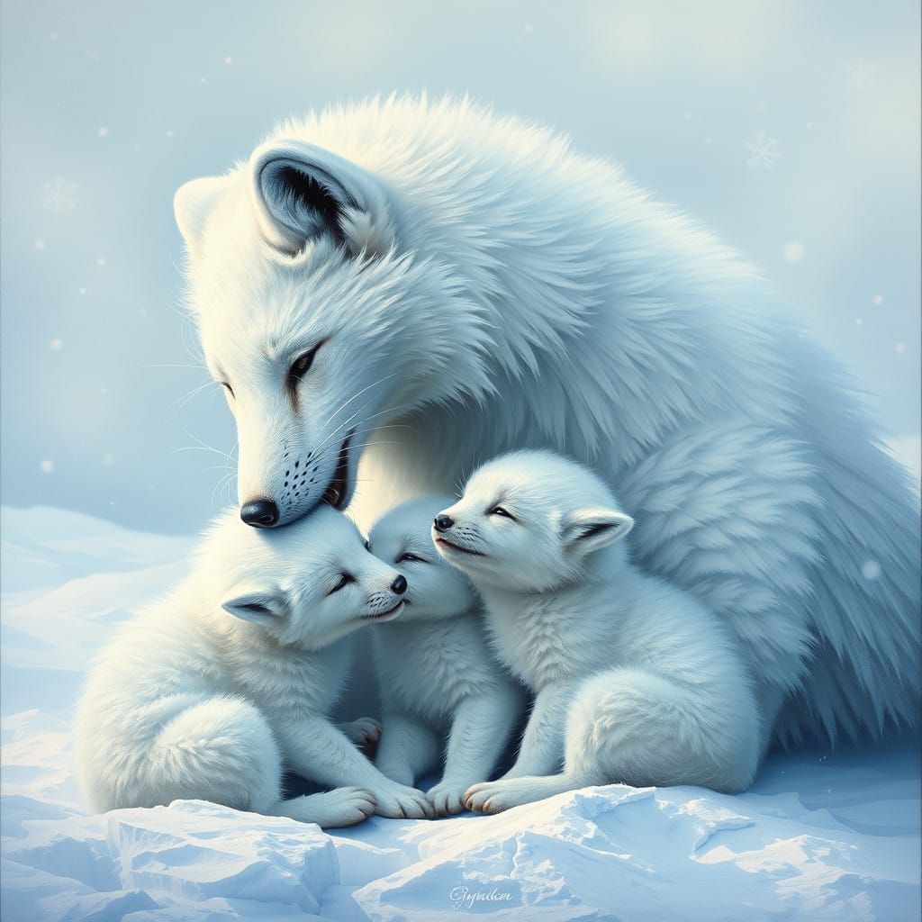 Surreal Polar Fox Mother in Snowy Chiaroscuro Landscape