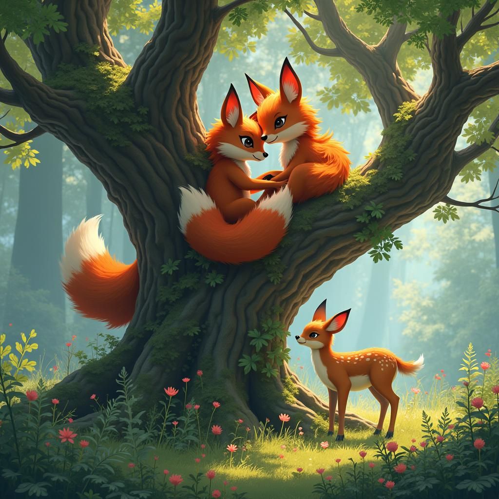 Kitsunes Cuddling in Mystical Forest, Fantasy Art