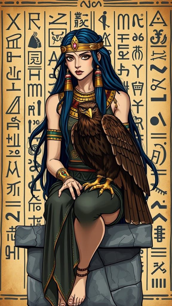 Egyptian Woman with Hawk and Hieroglyphs