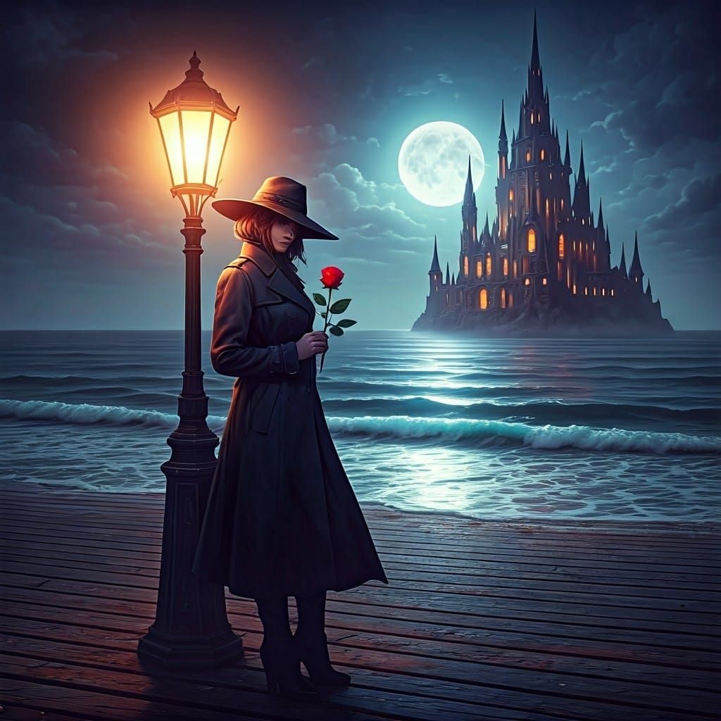 Mysterious Secret Agent by Moonlit Sea in Anime Style